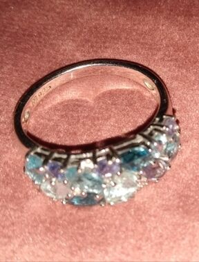 925 Faceted Stones Cluster Ring Solid Sterling Silver Multicolor Blue Shades 8